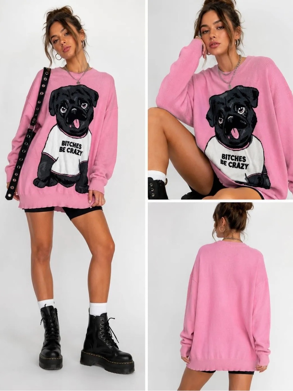 Generation Kiss Pug Doggy Bitches Be Crazy Knit Oversized Sweater M/L